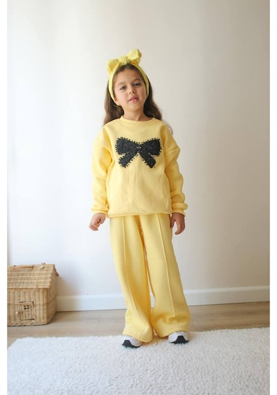 Jeliboomkidswear Boncuklu Fiyonk İşlemeli Kız 2 Li Takım Sarı