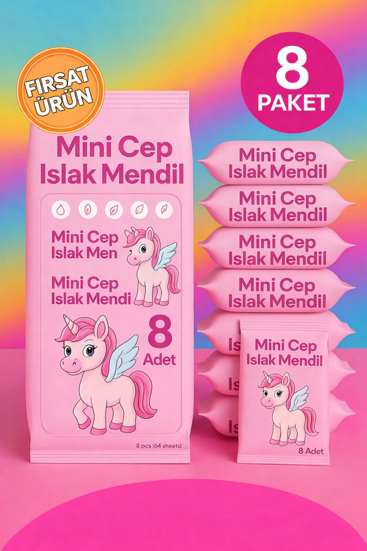 Mini Cep Islak Mendil 8'li Paket Aloe Veralı Alkol I Çermez Yumuşak Dokulu Taşınabilir Pembe 64 Adet