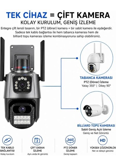 8 Mp 4k Full Hd Çift Lensi Alarmlı Su Geçirmez Dış Mekan Güvenlik Kamerası