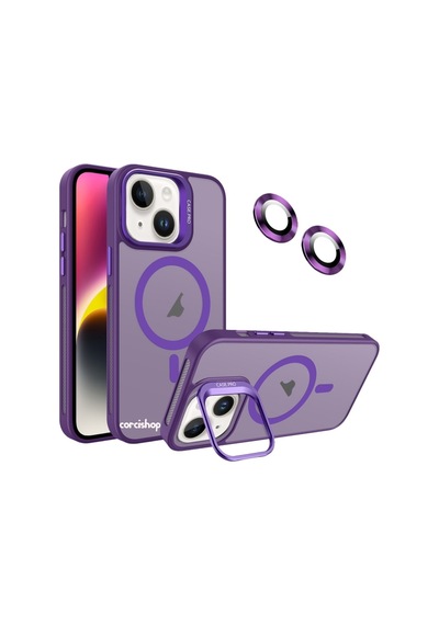 İphone 16 Plus Uyumlu Kılıf Açılır Kamera Stand Magsafeli Mat Renkli Şeffaf + Lens Koruyucu Set mor