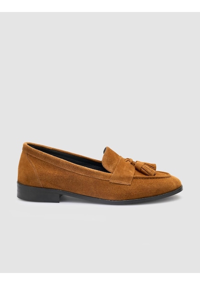%100 Hakiki Deri Taba Süet Kadın Loafer Taba