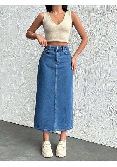 Dema Kadın Mavi Renk Yüksek Bel Pamuklu Bilek Boy Denim Etek