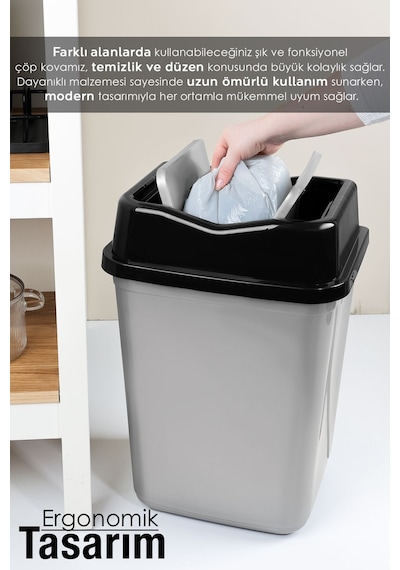 Çift Kapaklı Plastik Çöp Kovası - Ev Ofis Banyo Mutfak Çöp Kovası Gri 30 Litre Gri