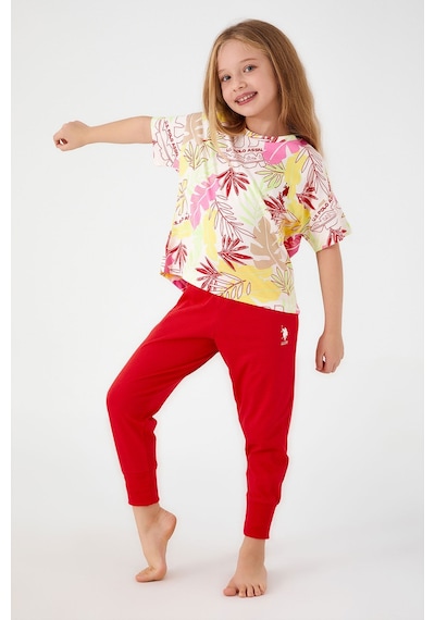 U.S. Polo Assn With Leaf Patterns Beyaz Kız Çocuk Kısa Kol Vanilya