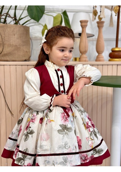 H L Y Karol Tasarım Krem Bordo Vintage Kız Bebek Elbisesi,doğum Günü,fotoğraf Çekim Elbise,0-10 Yaş Uygun KREM