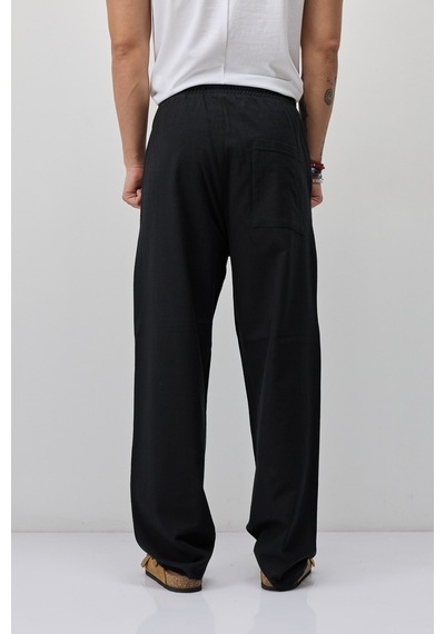 Vamos Bağcıklı Baggy Fit Keten Pantolon Siyah