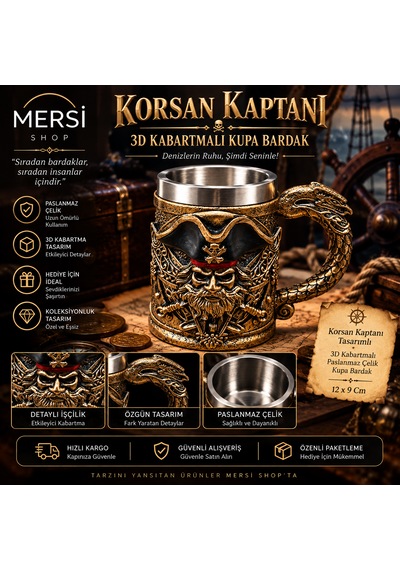 Korsan Kaptanı Tasarımlı 3d Kabartmalı Paslanmaz Çelik Kupa Bardak 12x9 Cm Çok Renkli