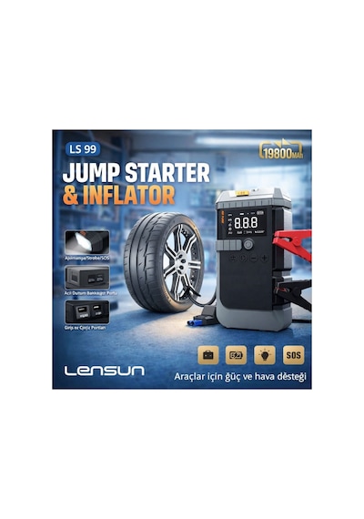 Jump Starter 19800 Mah Akü Takviyeli Hava Kompresörü Powerbankli Led Lambali Ls 99