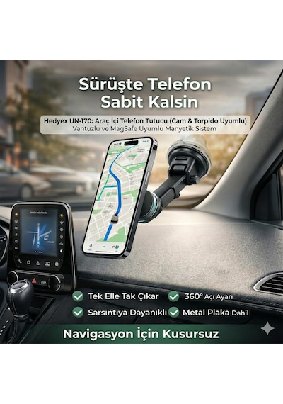 Hedyex Un-170 Araç İçi Telefon Tutucu Vantuzlu Mıknatıslı Cam Ve Torpido Uyumlu