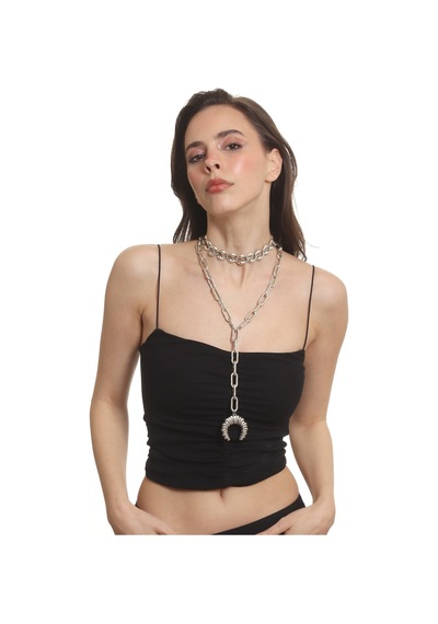 Labalaba Kadın Antik Gümüş Kaplama 2' Li Burgulu Ay Uçlu Kolye& Choker Gümüş