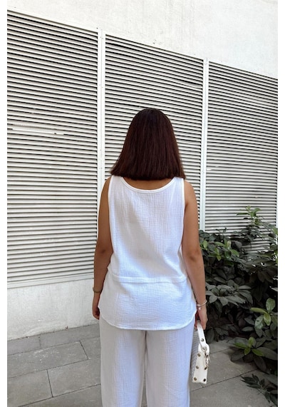 WeShaya Beyaz İthal Müslin Kumaş, Basic, Katlı, Salaş Askılı Bluz & Atlet Beyaz