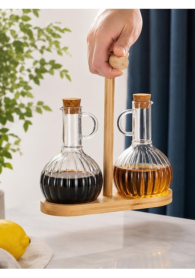 Bambu Stantlı Borosilikat Cam Yağlık Sirkelik 350ml+350ml Sarı