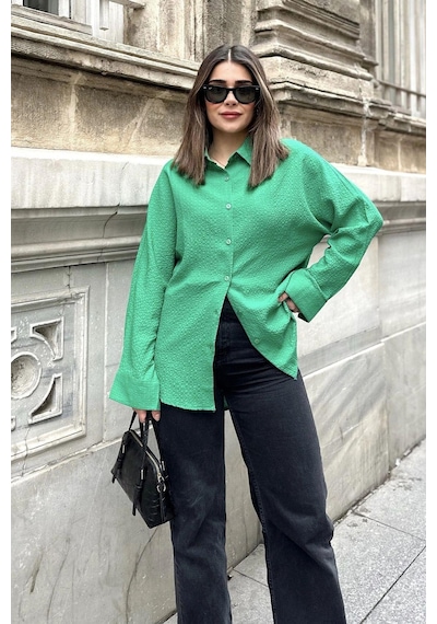WeShaya Kadın Yeşil Basic Model, Gofre Kumaş, Salaş Gömlek Benetton