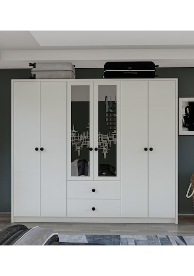 Metalia Gm 036 Lüx 6 Kapı 2 Çekmeceli Düğme Kulplu Aynalı Gardırop