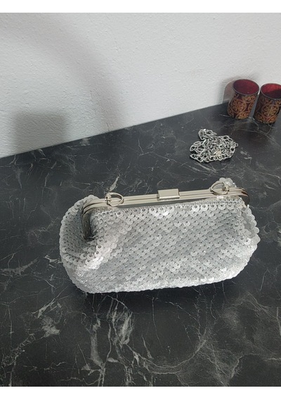 Fikriharika Design Gümüş Simli Pullu Metal Burslu Kadın El Çantası Gümüş - Gri