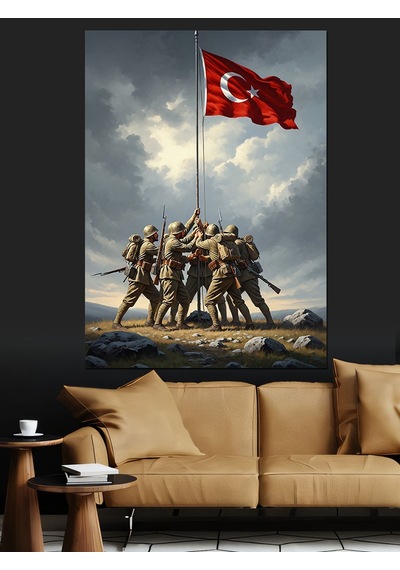 Ahşap Tablo Türk Bayrağı Diken Askerler