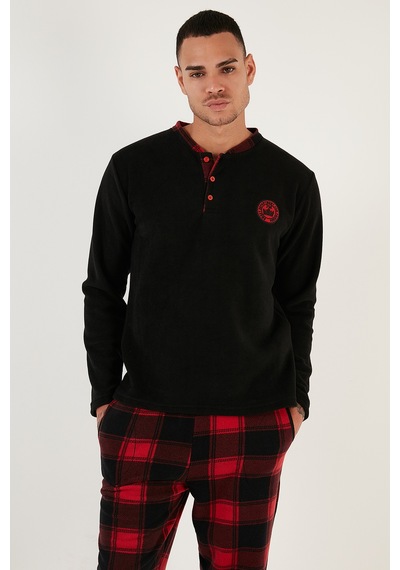 Buratti Ekose Regular Fit Bisiklet Yaka Kışlık Polar Erkek Pijama Takımı 609610013W4 Siyah-Kırmızı