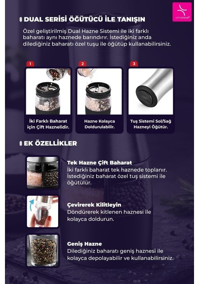 Dual Paslanmaz Çelik Çift Hazneli Otomatik Tuz & Karabiber Öğütücü Pilli - Metalik Genel