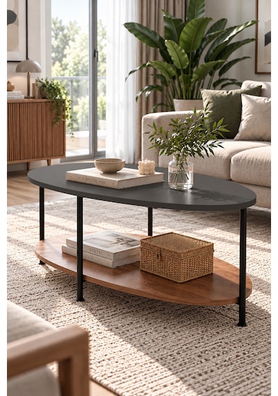 Oval Orta Sehpa 90 Cm İki Katlı Raflı Metal Ayaklı Modern Dekoratif Salon Sehpası Antrasit - Ceviz Oval Orta Sehpa 90 Cm İki Katlı Raflı Metal Ayaklı Modern Dekoratif Salon Sehpası Antrasit - Ceviz