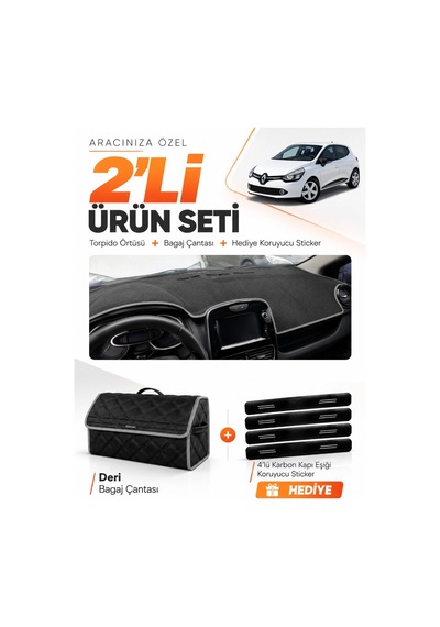 Renault Clıo 4 2012-2019 Uyumlu Torpido Örtüsü + Deri Bagaj Çantası + Sticker Seti - Siyah Gri