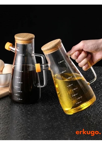 2 Adet Vakumlu Bambu Kapaklı Borosilikat Yağdanlık, Zeytinyağı Sıvıyağ Şişesi, Yağlık 900 Ml Oilpot