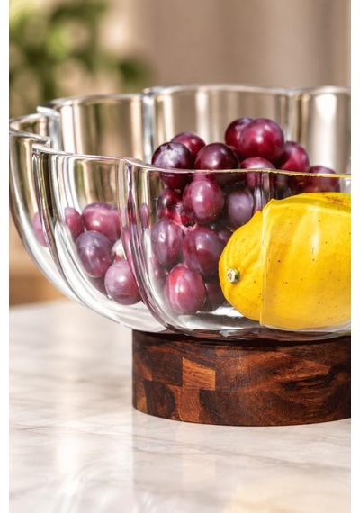 Atbyhome Akasya Ayaklı Çiçek Cam Meyvelik 25x12 Cm - Papatya Dilimli Cam Salata Tatlı Sunum Kasesi Gondol Şeffaf