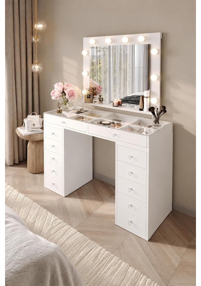 Tr Df02115b Led Işıklı Aynalı Makyaj Masası Tabureli, Bölmeli 12 Çekmeceli Organizer Kozmetik Masası Diğer Tr Df02115b Led Işıklı Aynalı Makyaj Masası Tabureli, Bölmeli 12 Çekmeceli Organizer Kozmetik Masası Diğer