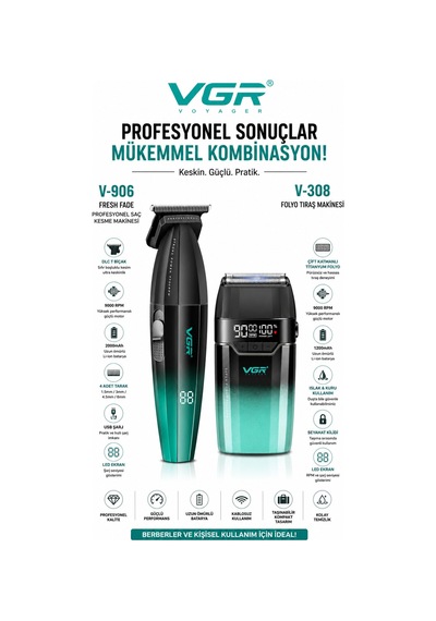 V-906 & V-308 Saç Kesme, Sakal Sıfırlama Tıraş Makinesi Seti 2'li Berber Combo