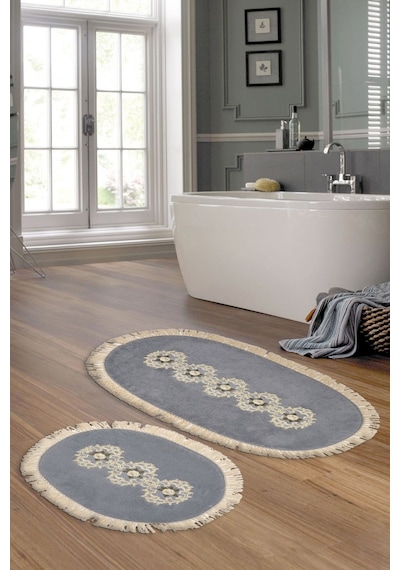 Eyfel Saçakli Banyo Takımı 2 Pcs Açik Kahve gri