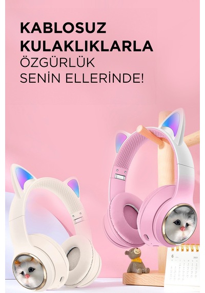 Hd11 Pembe Sevimli Kedi Karükatür Kulak Led Işıklı 5.3 Bluetooth Kulak Üstü Kulaklık