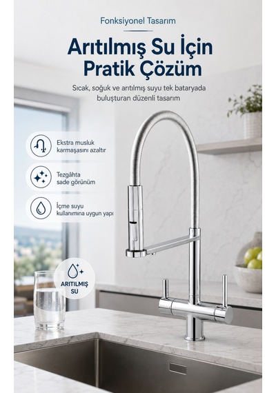 Likuan 3 Yollu Spiralli Krom Mutfak Bataryası Arıtmalı Çekmeli Evye Musluğu Nkd52n12cp Gümüş