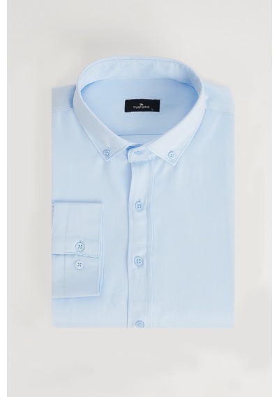 Tudors Erkek Slim Fit Dar Kesim Pamuklu Kolay Ütü Mavi Düğmeli Yaka Gömlek-31590 Mavi