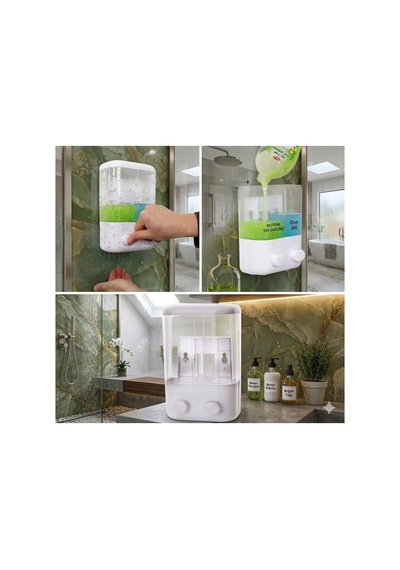 Yapışkanlı Sıvı Sabunluk 1000 Ml 2 Bölmeli Duvar Tipi Banyo Mutfak Dispenser V-2 Beyaz