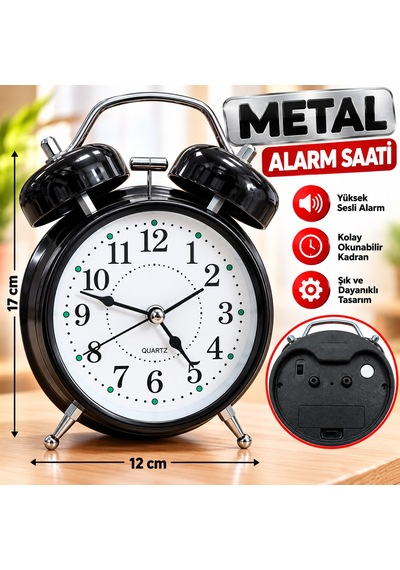 Metal Çalar Saat 12x17 Cm Yüksek Sesli Alarm, Şık Ve Dayanıklı Tasarım Siyah
