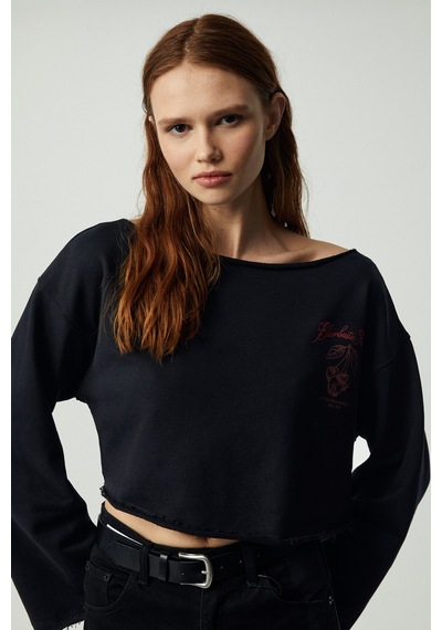 Ethıquet CARIBOU Kadın Asimetrik Yakalı Şardonsuz Tek Omzu Açık Baskılı Siyah Sweatshirt