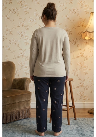 Siyah İnci Bej Desenli Nakışlı Büyük Beden Battal Boy Viskon Örme Pijama Takım 26224835