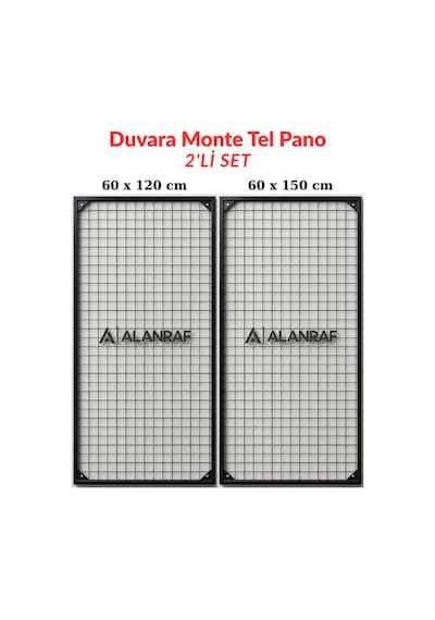 Sık Telli Tel Raf - Tel Pano Stand, Duvar Askılığı İkili Set 60x120 Cm Ve 60x150 Cm Gri