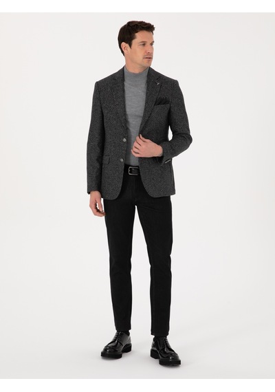 Cacharel Siyah Slim Fit İpek Kaşmir Karışımlı Mikro Desenli Blazer Ceket