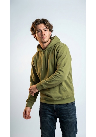 Hoxie Unisex Rahat Kesim Pamuklu Yumuşak Dokulu İçi Polarlı Basic Desenli Kapüşonlu Sweatshirt Yeşil