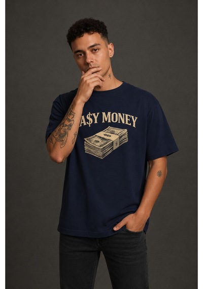 Technomonkey Easy Money Baskılı Unisex Lacivert Retro Tişört