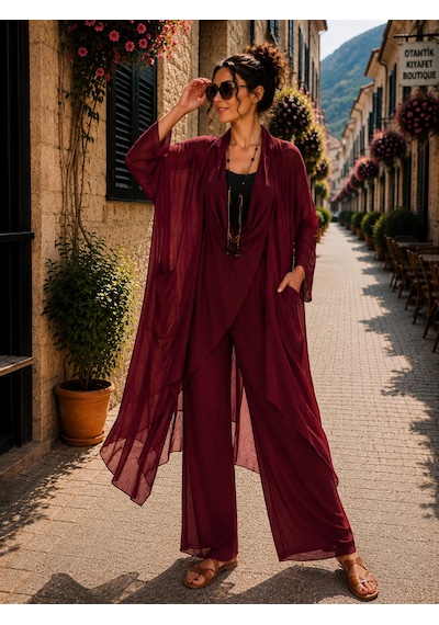 Bohem Stil Italyan Ipek Detaylı Oversize Kap Bluz- Wes Pantolon Takım Koyu Bordo