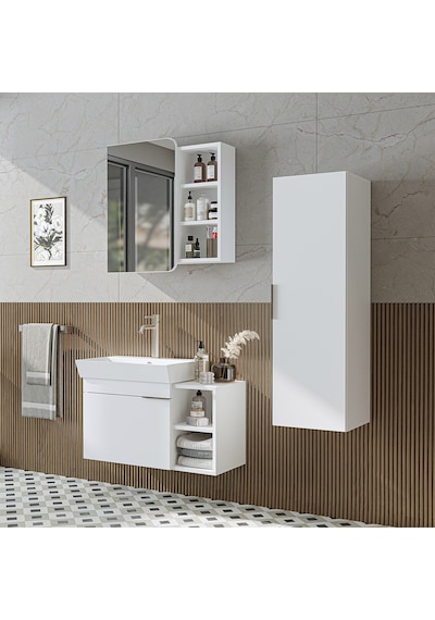 Likya Kapaklı Açık Raflı Mdflam Lavabolu 82 Cm Banyo Dolabı Beyaz