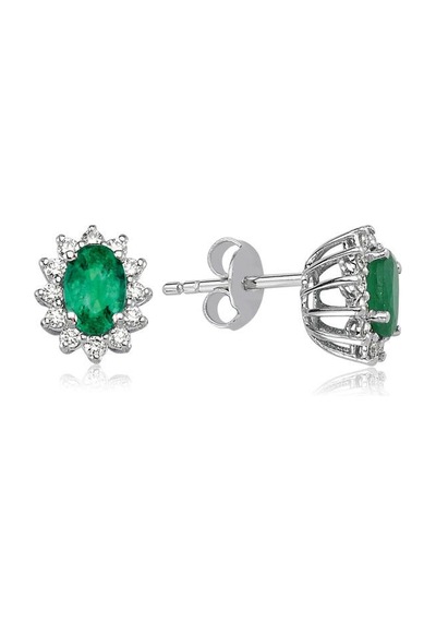 Pırlantalı Oval Zümrüt Küpe - 0.20 Karat 14  Ayar
