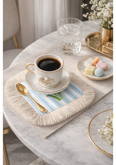 Lüks Nergis Çiçekli Saçaklı Sunum Peçetesi-pastel Çizgi Bahar Rustik Mavi Sarı Bardak Altlığı Mendil Çok Renkli
