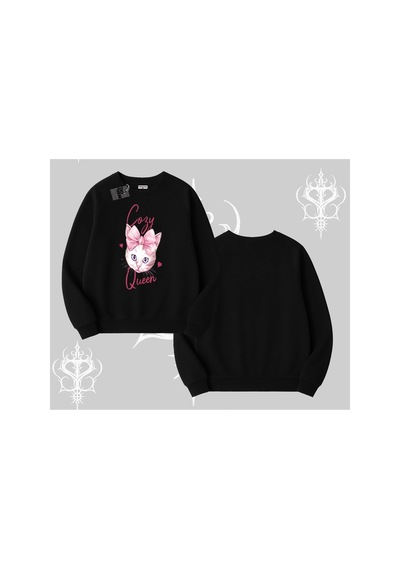 Tarzsokak Cozy Queen Kedi Baskılı Biskilet Sweatshirt Siyah