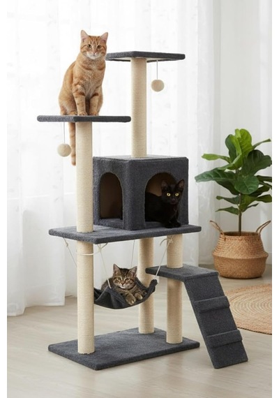 Pet B-07 Hamaklı Yuvalı Lüx Kedi Tırmalama Oyun Evi Antrasit