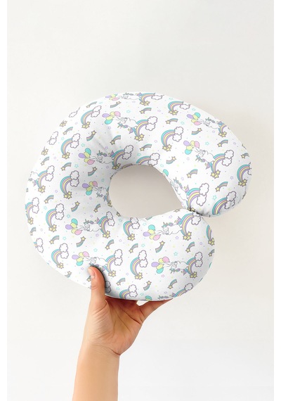 Unicorn Gökkuşağı Desenli Boyun Yastığı - Pastel Renkli Bulut Temalı Seyahat Yastığı Yosunlu Açık Bej