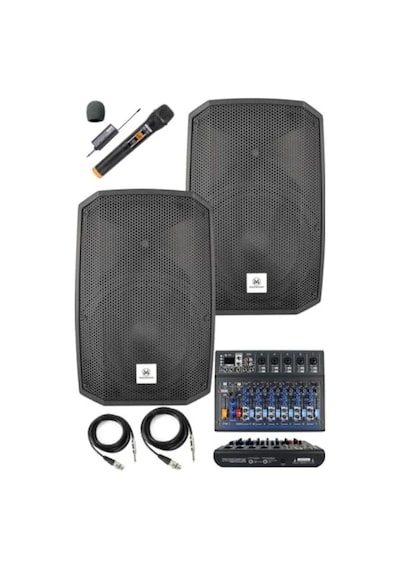 2 Adet 12 İnç Aktif Hoparlör Ve Mikser Seti 1200w + 1200w