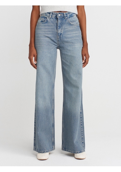 Dilvin 72039 Dökümlü Geniş Denim Pantolon-mavi Mavi