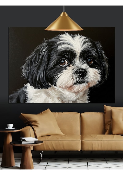 Shih Tzu Köpeği Siyah Beyaz Dekoratif Kanvas - Mdf Ahşap Tablo